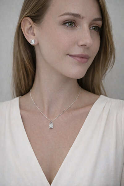 SE Jewellery Collection Selin Ersoy Baget Taşlı Dikdörtgen Kolye ve Küpe Seti...