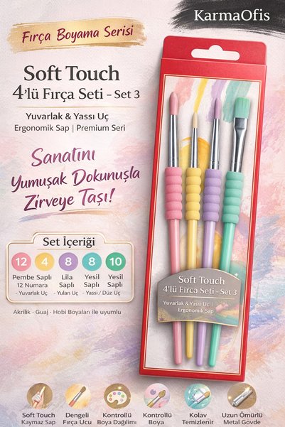 KarmaOfis Set četkica Soft Touch od 4 komada | Okrugla i ravna vrhova | Akril...