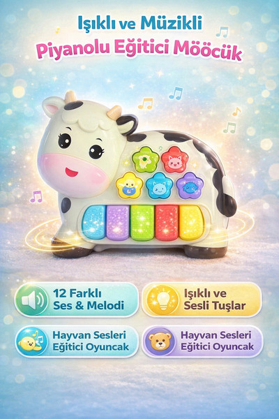 DENAPCAL Sesli Işıklı Müzikli inek Bebek Piyanosu - Müzikli Işıklı Bebek Pian...