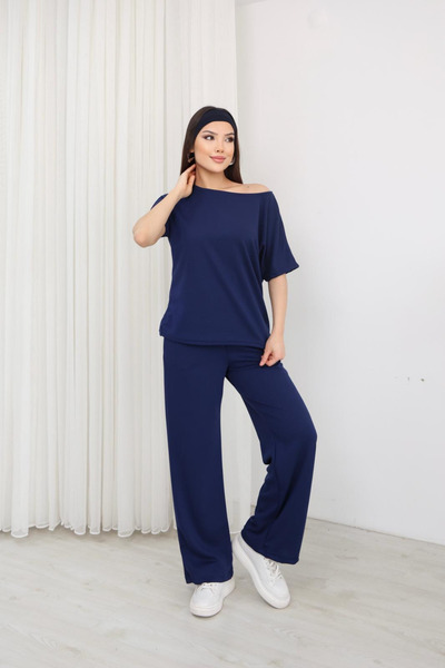 moda poni Women's Navy Blue Off Shoulder Oversized Blouse Wide-Leg Pants Doub...