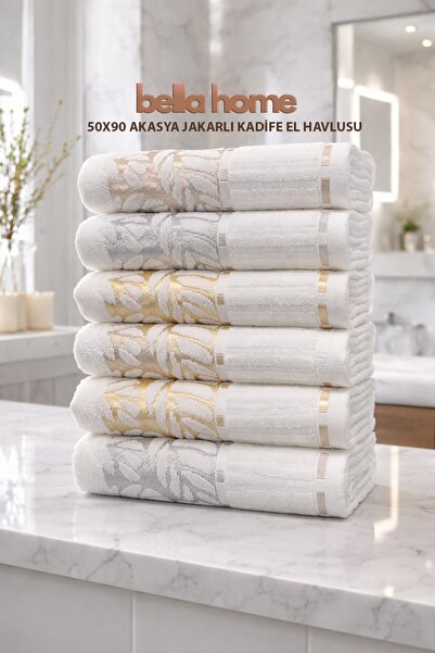 Bella Home Akasya Jakarlı Kadife El Havlusu | 50x90 cm | 6’lı Set | %100 Pamu...
