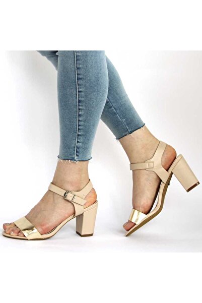 mm Women's beige Sandals with thick heels and gold strap M-31-BEIGE
