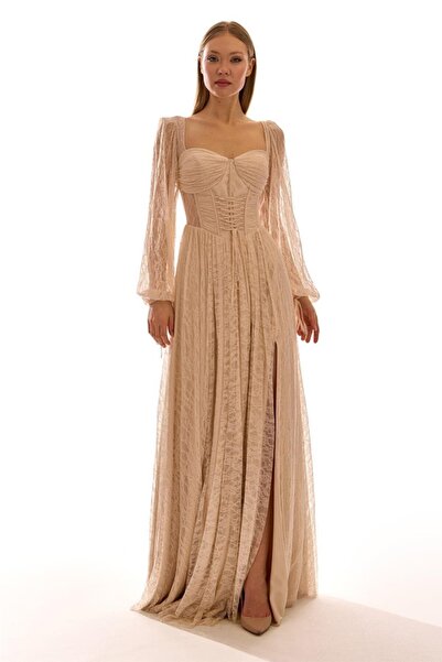 Elbisemhazır Kruvaze Yaka Dantelli ve Modern Korse Detaylı Yırtmaçlı Kadın Ab...