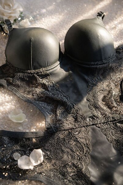 Nobrand Push Up Destekli Dantel & Deri Görünümlü Bodysuit