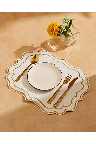 REDTAG White And Gold Cotton Rectangle Embroidered Placemat
