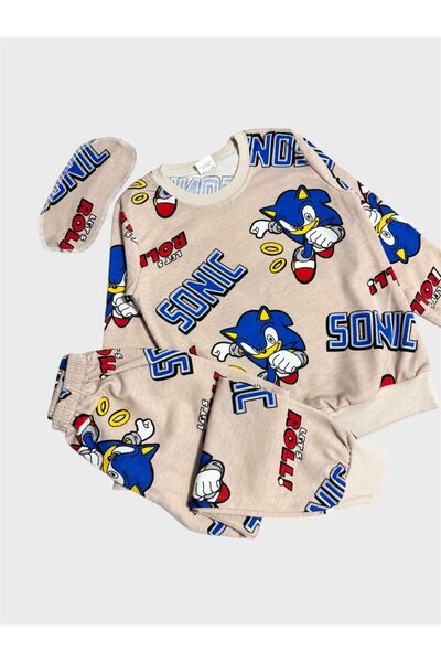 ALİŞ KİDS Boy's Cotton Piece Beige Color Sonic Pattern Long Sleeve Pajama Set with Glasses and Band Transitional