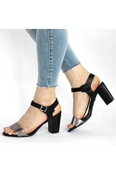 mm Women's black Sandals with thick heels and silver strap M-31-BLACK