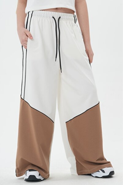 HayKids Girl's Cream Brown Wide-Leg Drawstring Waist Pocketed Palazzo Sweatpants