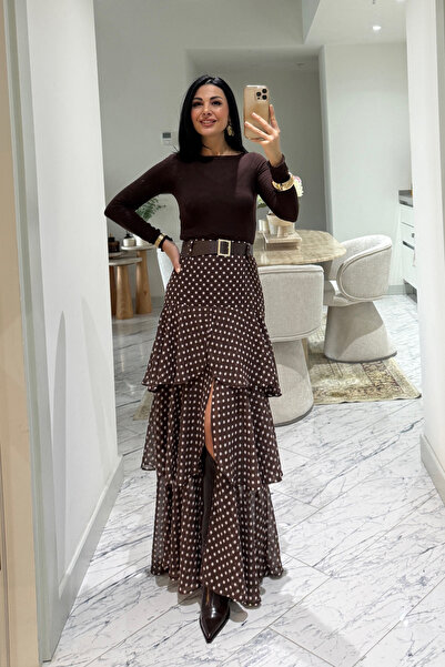 Seda Yalçın Atelier Kahverengi Puantiyeli Fırfırlı Kat Kat Kemerli ETek