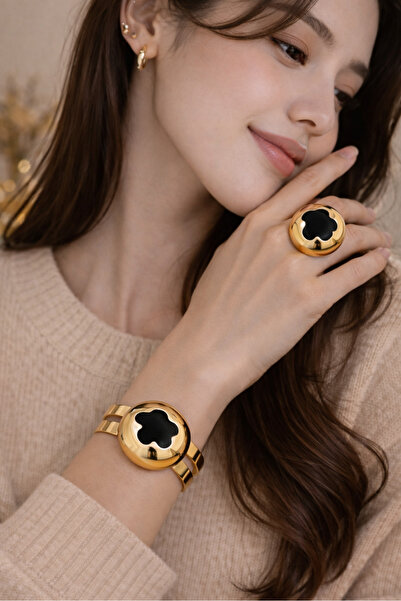 SE Jewellery Collection Selin Ersoy Siyah Yonca Form Gold Yüzük ve Bileklik Seti