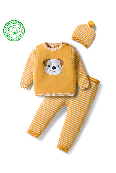 Babyhug طقم سترة قطن محبوكة بأكمام طويلة مخطط ومطرزة برسومات كلب - أصفر