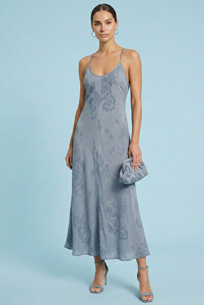 Guitar Askılı Gri Jakarlı Elbise