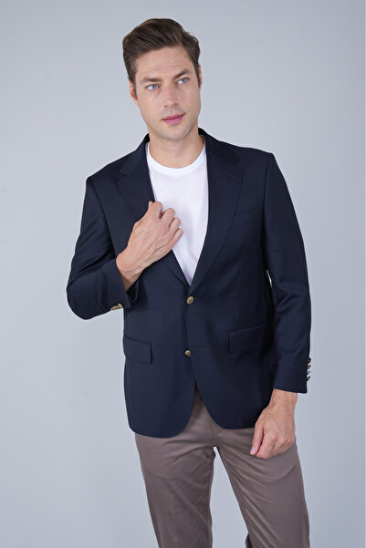 Bisse Comfort Fit Navy Blue Woven Mono Collar Double Slit 4 Drop Wool Blazer ...