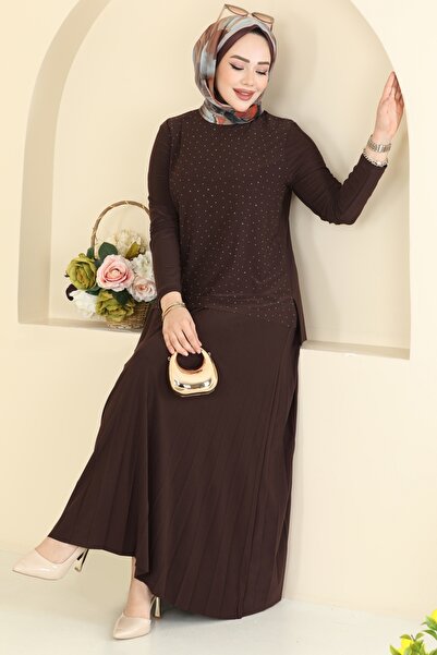 ModaMerve Taşlı Pilise Etekli Takım 5581ZNN863-MS Kahve