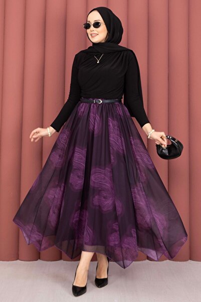 SVS Asymmetrical Cut Patterned Tulle Skirt Plum