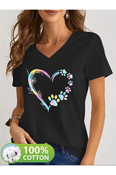 yombaa Printed T-Shirt, Short Sleeve V-Neck Summer & Spring Casual Top, Women...