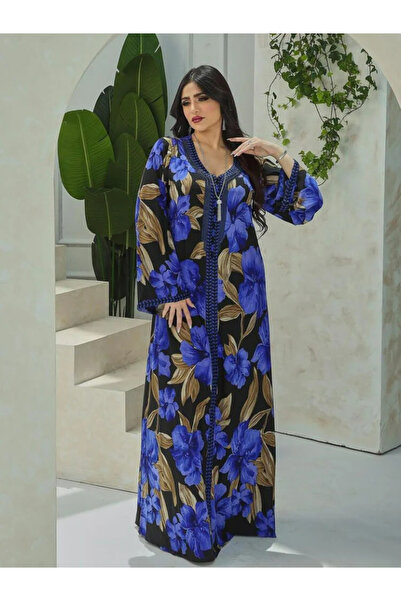 OrientC Elegant Women’s Blue Floral Maxi Dress – Long Sleeve Modest Abaya