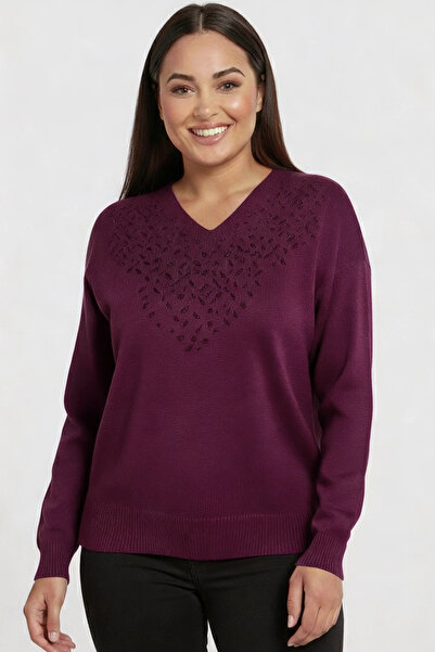 By Saygı Women's V-Neck Front Glitter Detailed Plus Size Knitwear Blouse