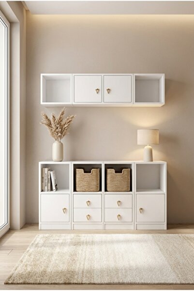 FOR WOMAN DESİGN Ahşap Beyaz Çok Amaçlı Konsol ve Duvar Rafı Seti Gold Kulplu...