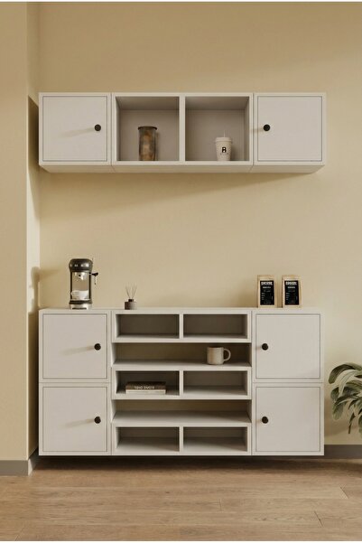 FOR WOMAN DESİGN Ahşap Kahve Köşesi 6 Kapaklı Siyah Modern Kulplu Mutfak Dola...