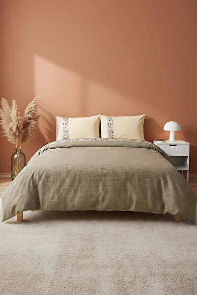 Rivaİstanbul Folkart Bej pentru două persoane cu model bumbac 100% lenjerie d...