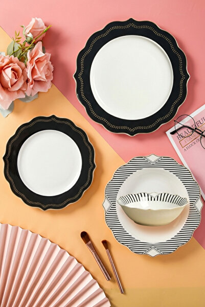 GÖNÜL 24 Parça Star Desenli Yemek Takımı & Çizgili Desenli Porselen Tabak Set...