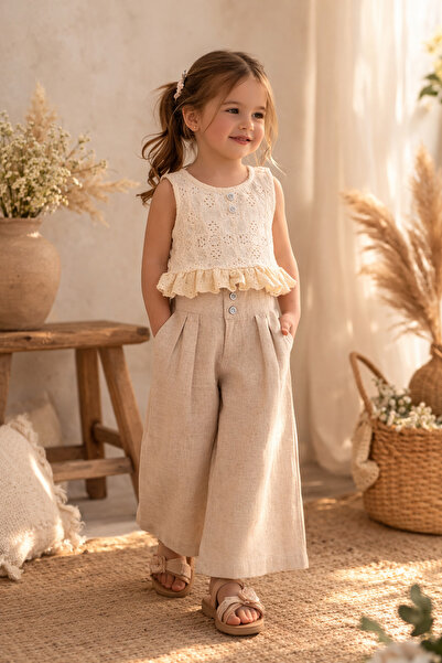 BEYAZ BEBE Girl's Wide-Leg Linen Pants and Blouse Set