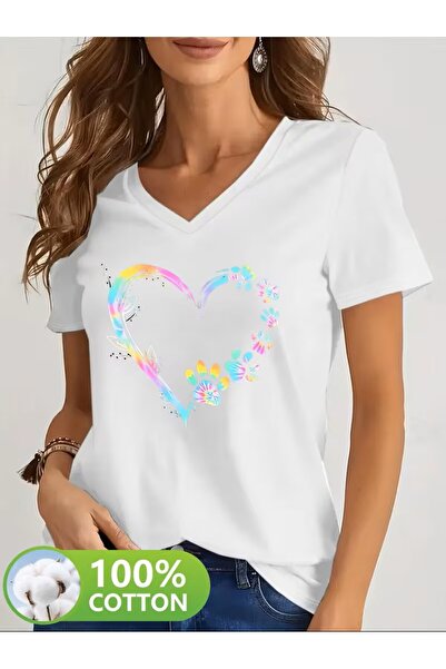 yombaa Printed T-Shirt, Short Sleeve V-Neck Summer & Spring Casual Top, Women...