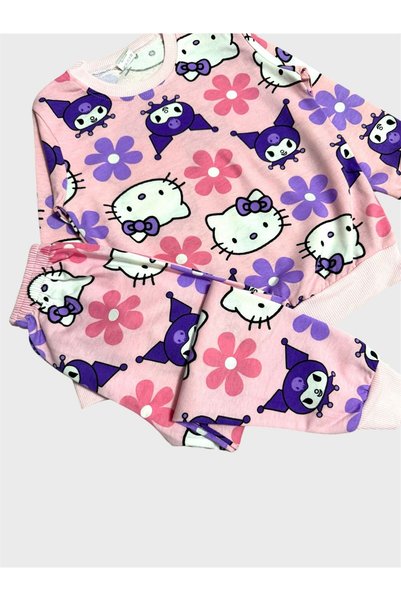 ALİŞ KİDS Girl's Cotton Piece Pink Cute Character Patterned Long Sleeve Eye Patched Transitional Pajama Set