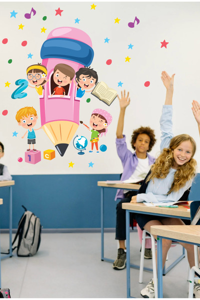 Sim Tasarım Giant Pink Pen Back to School Kindergarten Nursery Wall Decoration Sticker