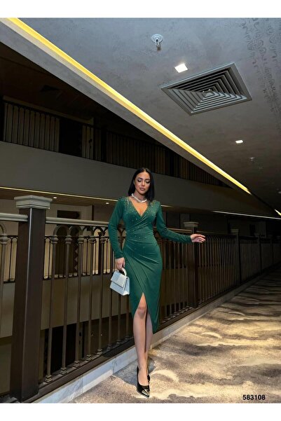 Modafeminen Emerald Stone Double-Breasted Model Stretchy Fabric Evening Dress...