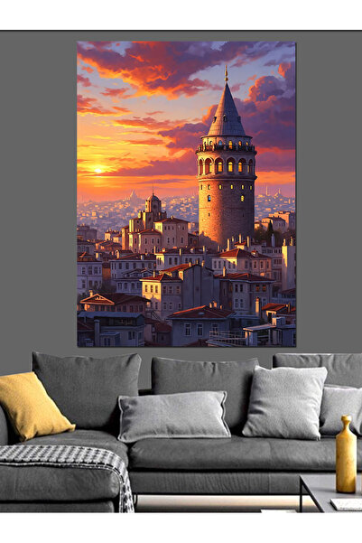 karizmart Galata Kulesi Gün Batımı Dekoratif Kanvas - Mdf Ahşap Tablo