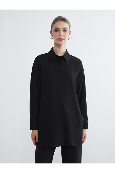 LC Waikiki Lcw Modest Black Women's Shirt Tunic with Tie Detail