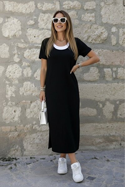 Generic Brand Women's Short Sleeve Athlete-Looking Side Slit Long Viscose Dress