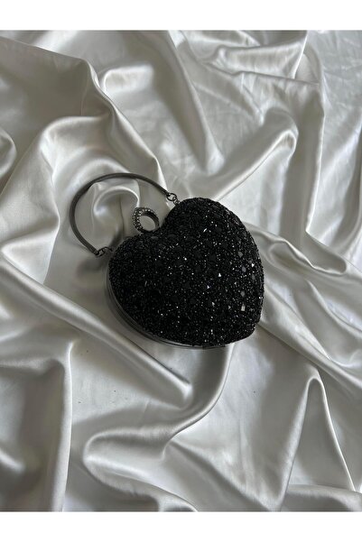 Mia Collection Kalp Taşlı Model Düğün Nişan Abiye Çanta Taşlı Siyah