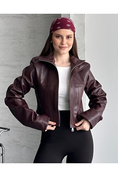 VESS MODA Long Sleeve Detail Corset Leather Jacket