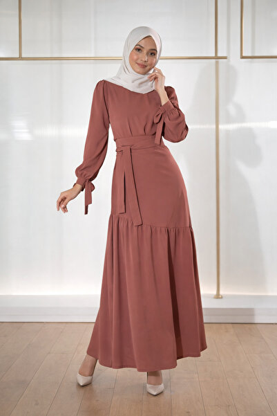 OrientC فستان نسائي أنيق بحزام، فستان ماكسي بأكمام طويلة، تصميم محتشم