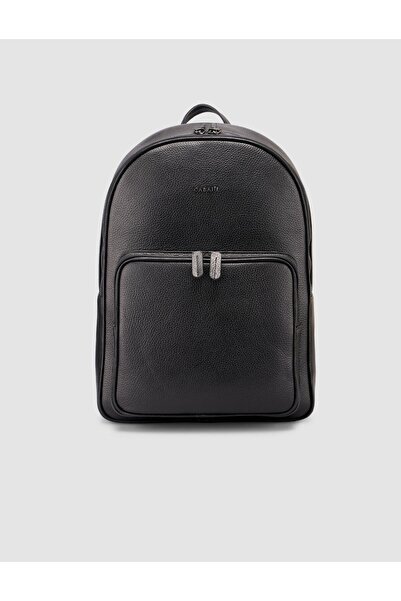 Cabani Black Genuine Leather Men's Backpack (Front Pocketed , with Zipper)