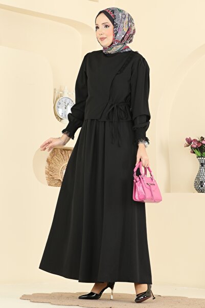 ModaMerve Bağcıklı Dantel Detaylı Takım 324ASN888-MS Siyah