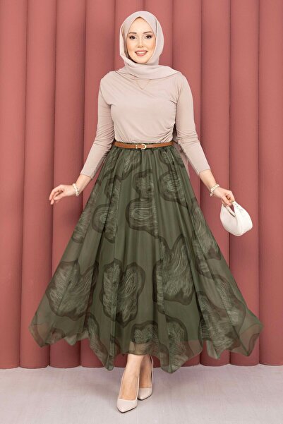 SVS Asimetrik Kesim Desenli Tül Etek Haki