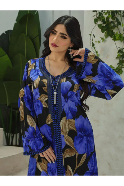 OrientC فستان ماكسي أنيق للنساء باللون الأزرق مزين بالزهور - عباية محتشمة بأك...