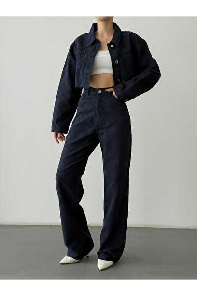 Quzu Baklava Desenli Yüksek Bel Bol Paça Kot Pantolon Lacivert