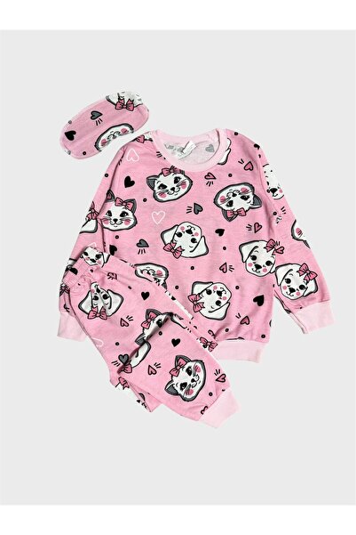 ALİŞ KİDS Детски памучен комплект пижама с дълги ръкави, розов котешки мотив ...