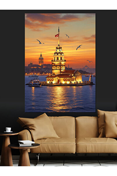 karizmart Gece Işıkları Altında İstanbul Kız Kulesi Dekoratif Kanvas - Mdf Ah...