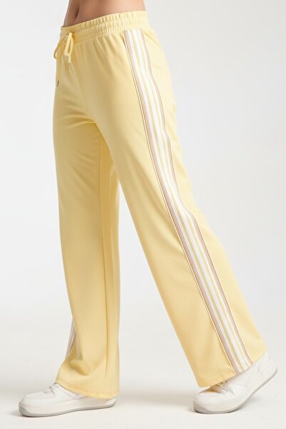 MRS.MODA Pantaloni de sport pentru femei, culoare galben deschis, cu dungi Da...