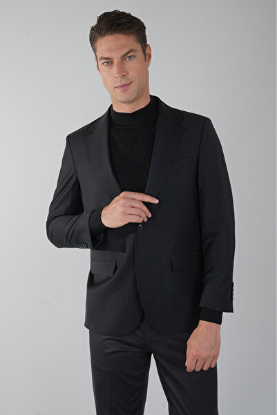 Bisse Comfort Fit Black Mono Collar Double Slit 4 Drop Men's Wool Jacket