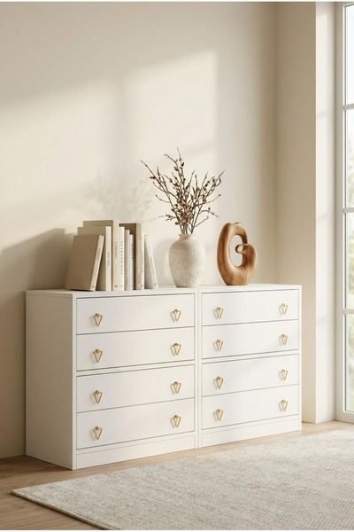 FOR WOMAN DESİGN Ahşap Beyaz Şifonyer 8 Çekmeceli Gold Kulplu Modern Geniş Sa...