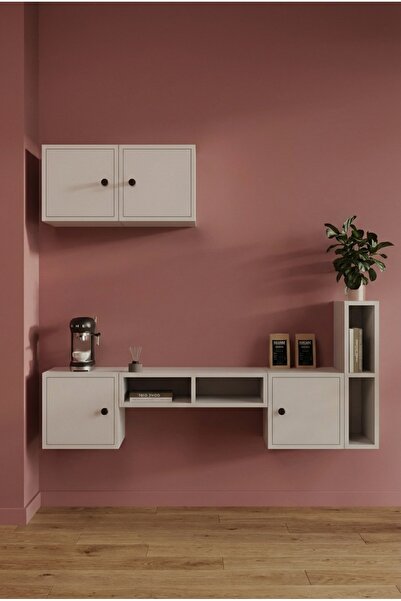 FOR WOMAN DESİGN Ahşap Kahve Köşesi Modern Asma Mutfak Ünitesi Beyaz Akıllı D...