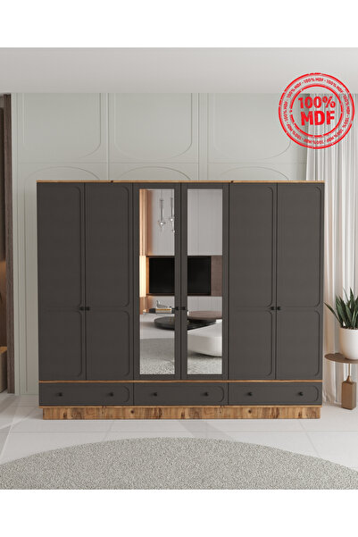 Teen & Bright IRMAK 6 KAPAKLI ÇEKMECELİ BAZALI GARDIROP - TAMAMI MDF