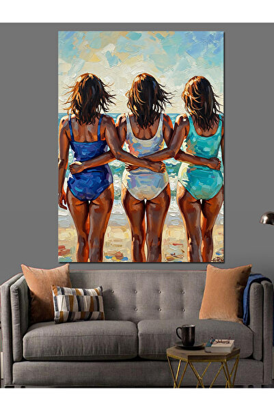 KanvasSepeti Τριάδα γυναικών στην παραλία Υψηλής ποιότητας ελαιογραφία Με υφή...